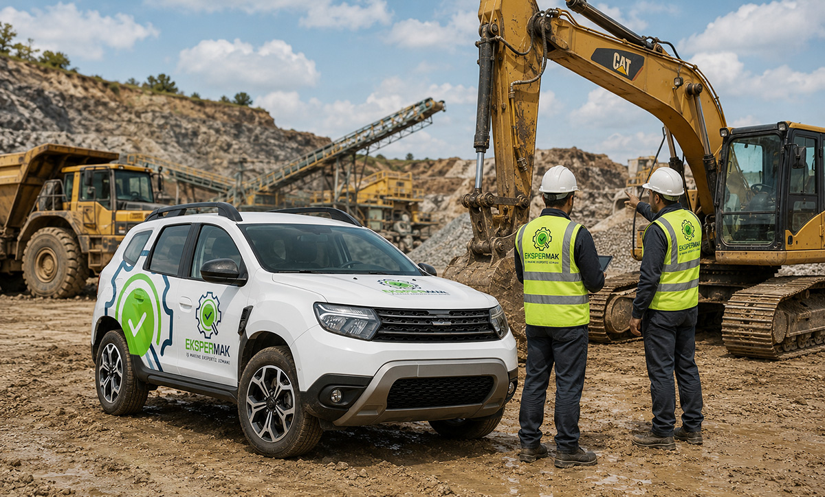White branded SUV at a construction site two workers in hi vis vests and hard hats discuss near a large excavator behind them